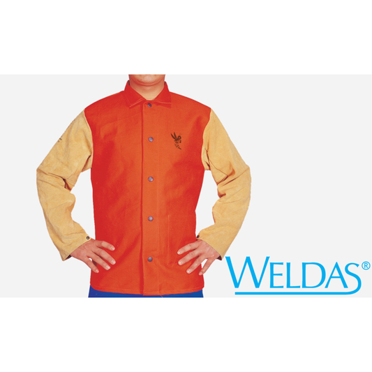 Weldas 33-6744M COOL Orange FR Welding Jacket w Tan Leather Sleeves Medium