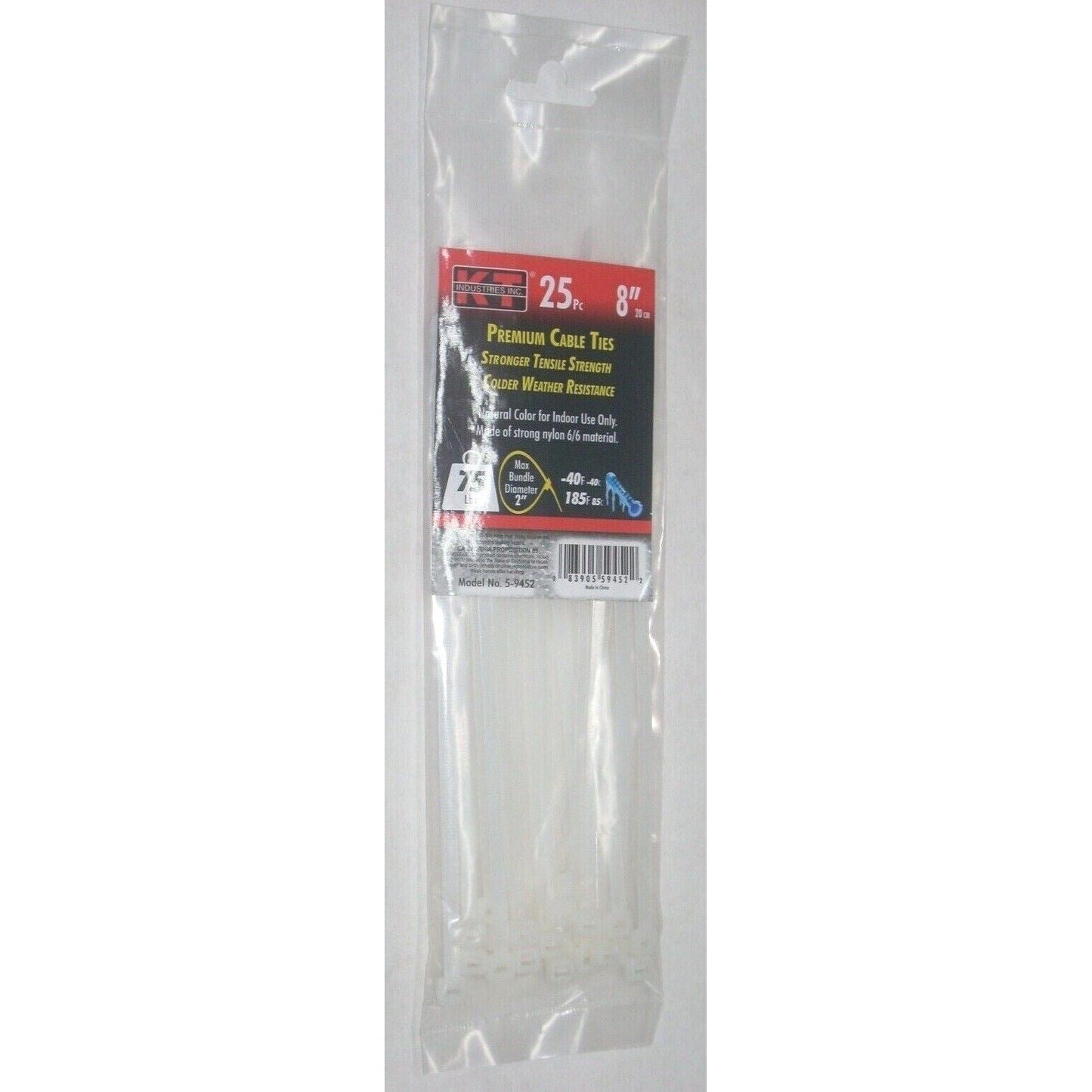 KT Industries 5-9452 Premium White Cable Ties 8" Long 75 lb Cap 25 pk